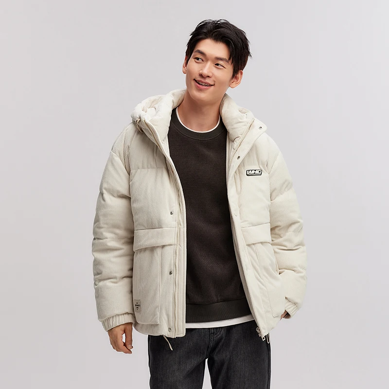 Semir Down Jacket Men Corduroy with Texture Sense 2024 New Winter College Style Loose Embroidered Short Jacket with Hood