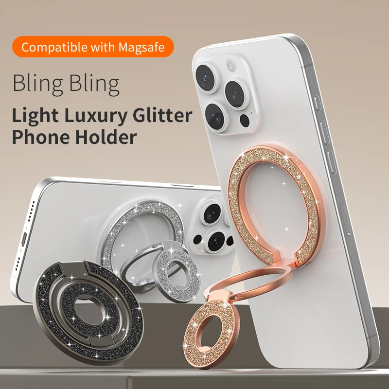Glitzernder doppelseitiger magnetischer Telefonringhalter, tragbar, zusammenklappbar, Handy-Ständer, Zubehör, Griffhalterung, Unterstützung für iPhone 17/16