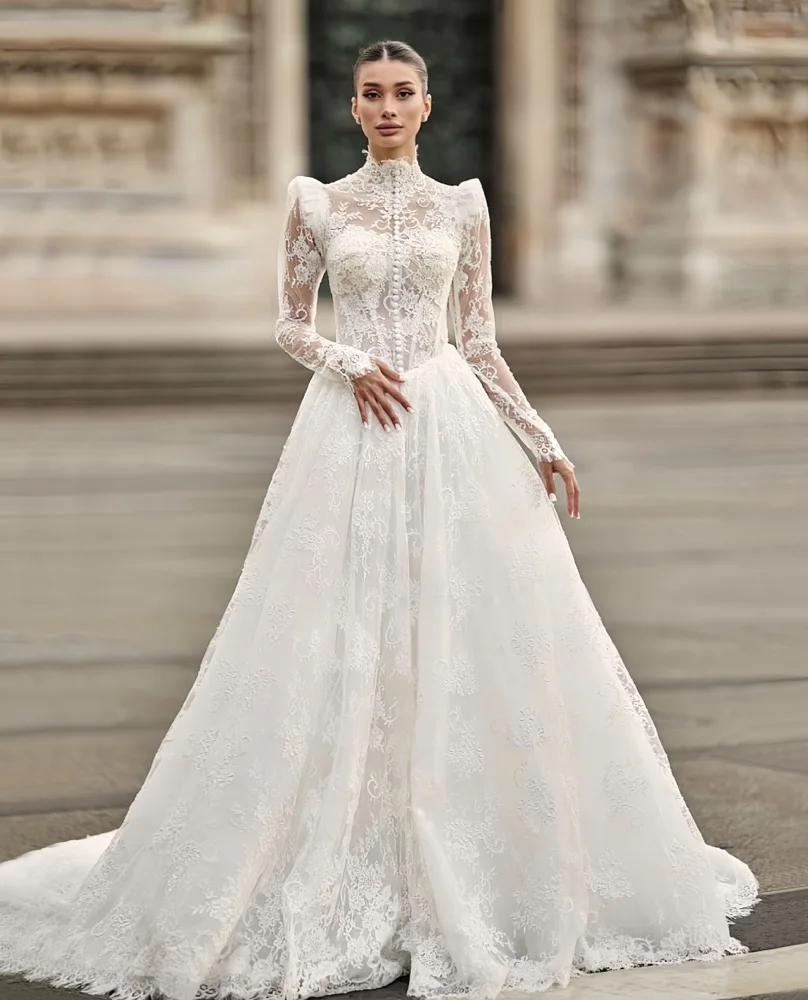 클래식 프랑스어 빈티지 레이스 아플리케 화이트 웨딩 드레스 컷 아웃 Tulle 야외 신부 가운 신부 파티 드레스 맞춤형