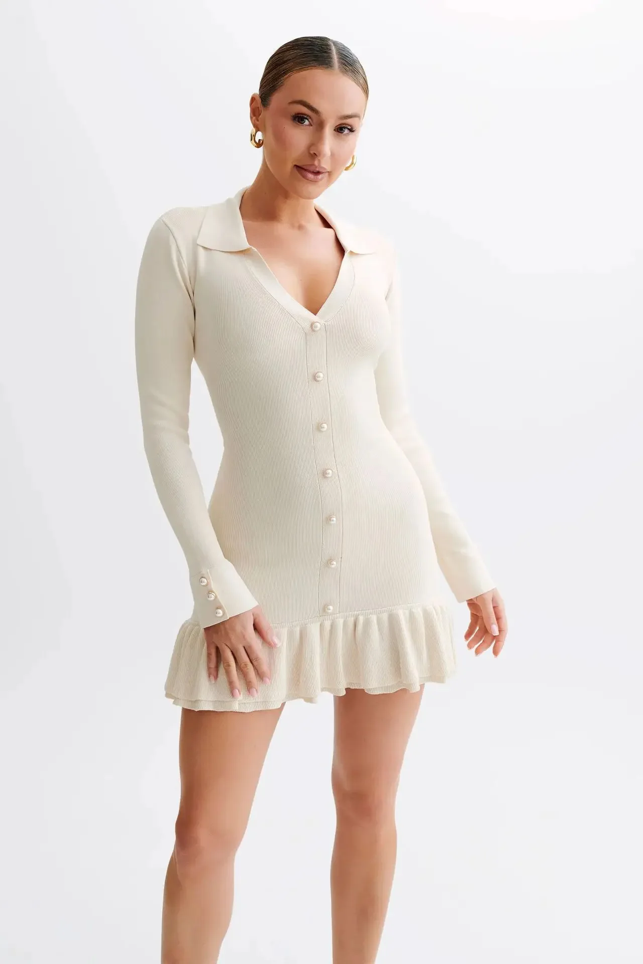 Vestido feminino de malha com decote em V nas costas vazado com nó de gravata manga comprida botões babados bainha mini vestidos bodycon
