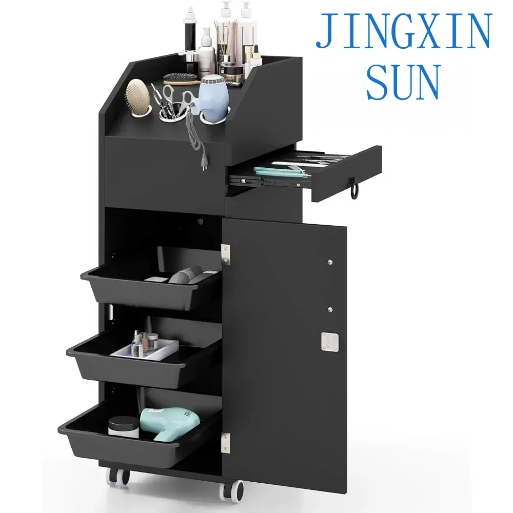 Lockable Wooden Salon Cart for Hair Stylists - 3-Drawer Trolley with Side Tool Tray & Hair Dryer Holders