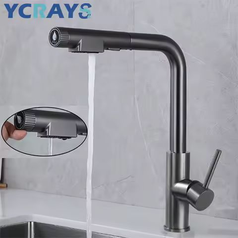 YCRAYS Brushed Nickel Filter Pull Out Kitchen Sink Faucet Drinking Water Pure Tap Gray Deck Mounted 3 Mode Black Hot Cold Mixer