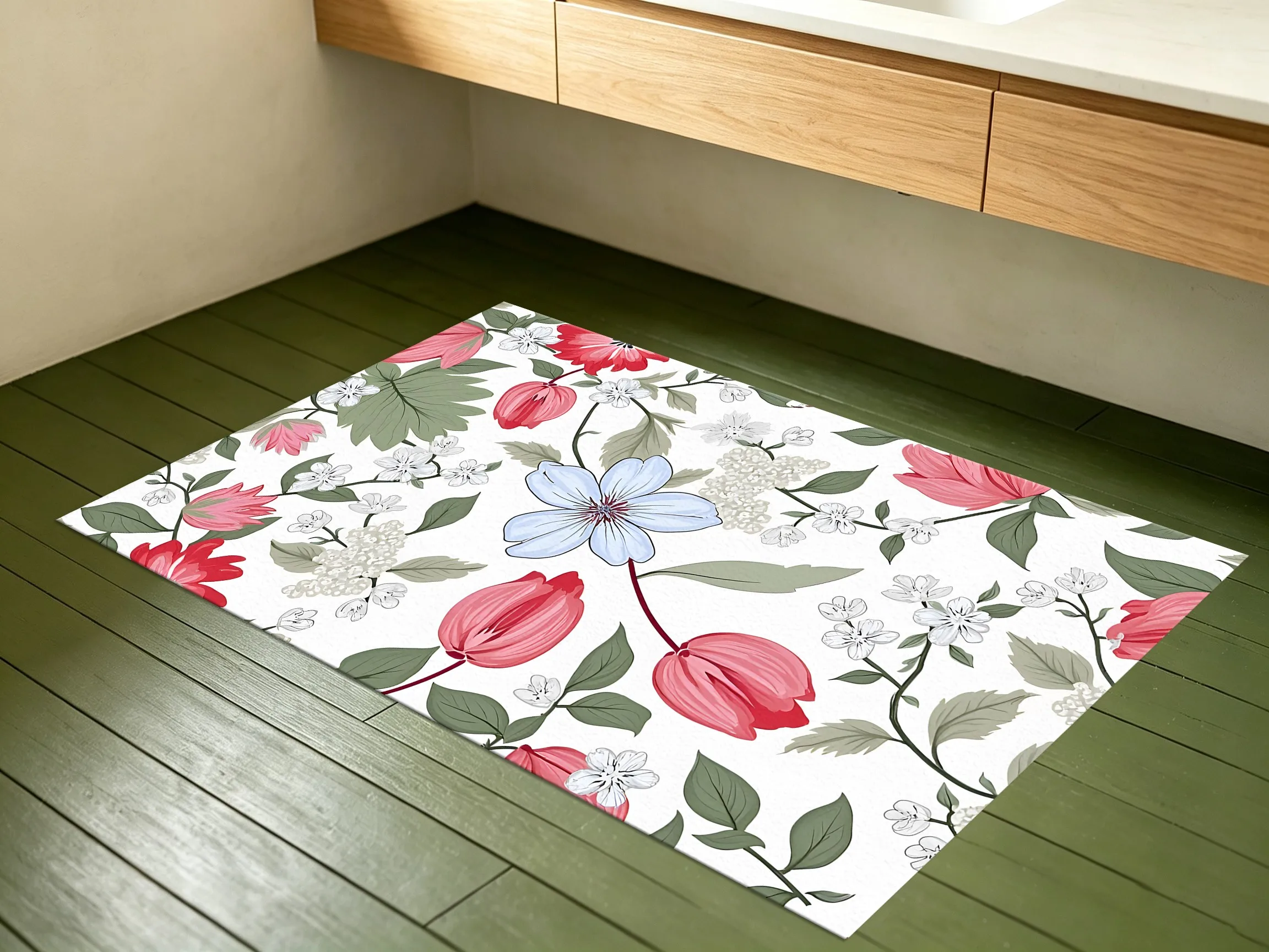 Velvet Rug Hand Painted Tulip Floral French Fresh Style for Bedroom Living Room Entryway Home Decor