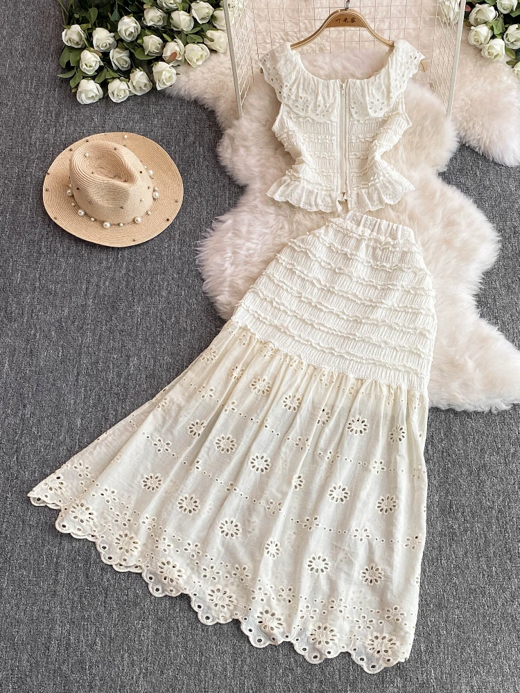 

Women's summer new lace hollow out pleated short top high waist splicing half skirt elegant commute two-piece set
