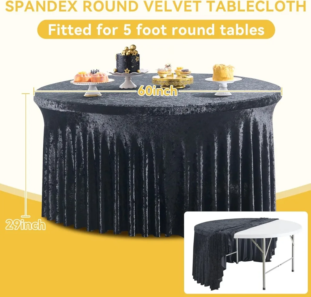 

6 Pack Black Velvet Stretchy Tablecloth for 60in Round Tables, Wrinkle Free Washable Spandex for Party Wedding Decoration