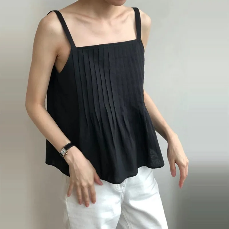 Summer New Women's Svel Square Collar Loose Design Sense Doll irt Top Strap Vest Folded Design Pure Color ort Length