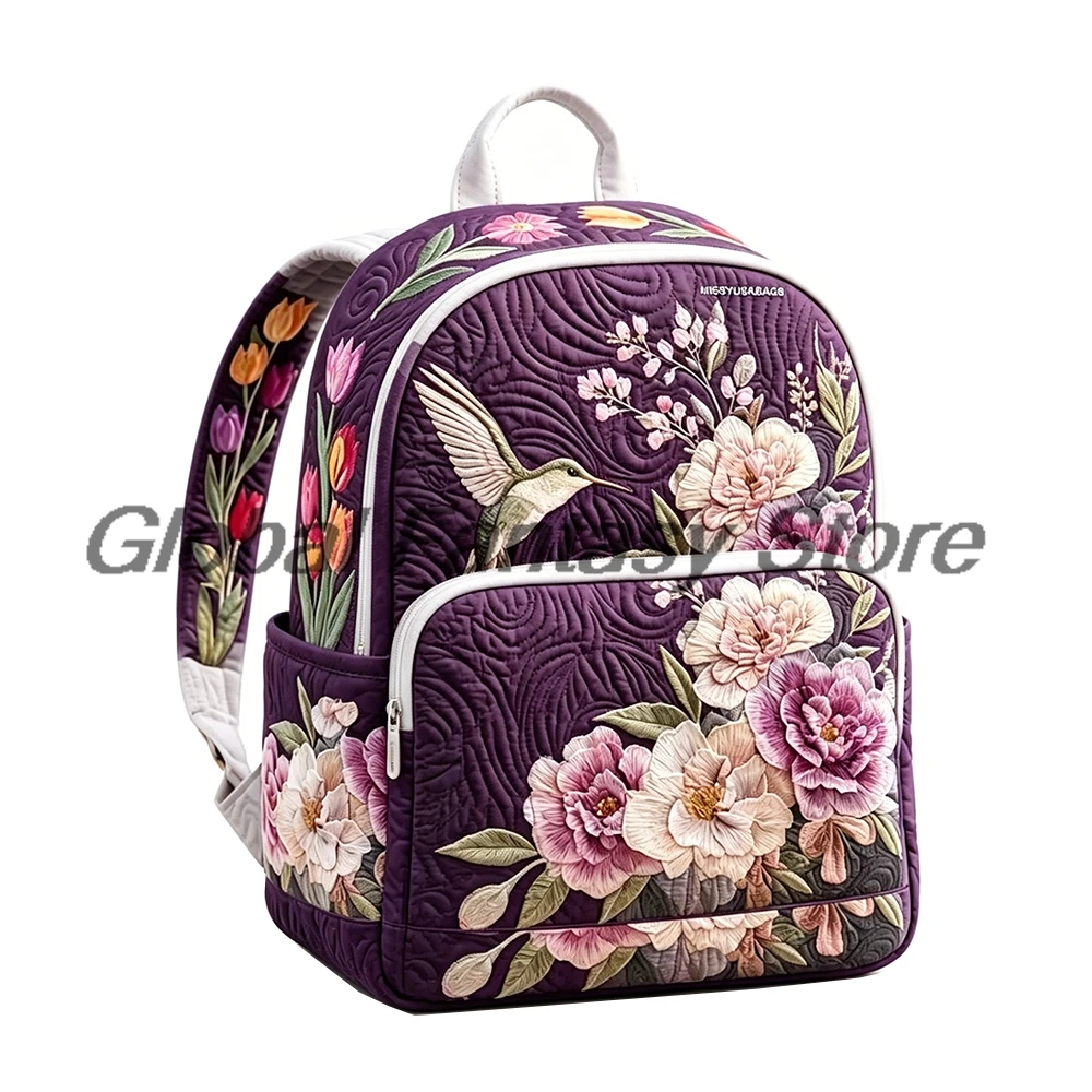 Retro Hummingbird Quilted Backpack Tropical Floral Print Daypack Travel Bag Women Men Outdoor Packsack
