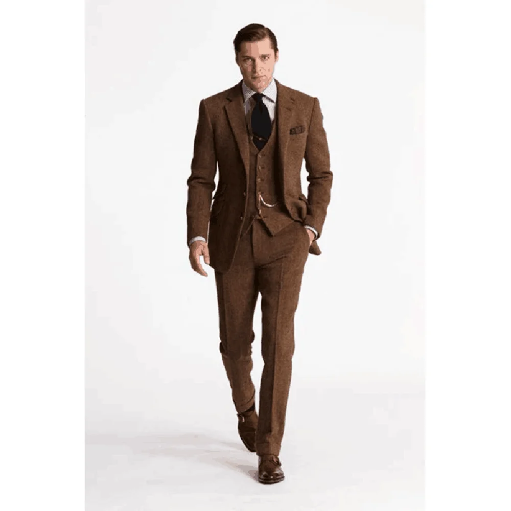 

Costume Homme Brown Herringbone Pattern Men Suits Wedding Prom Groom Tuxedos Terno Masculino 3 Pieces Set Jacket+Pants+Vest