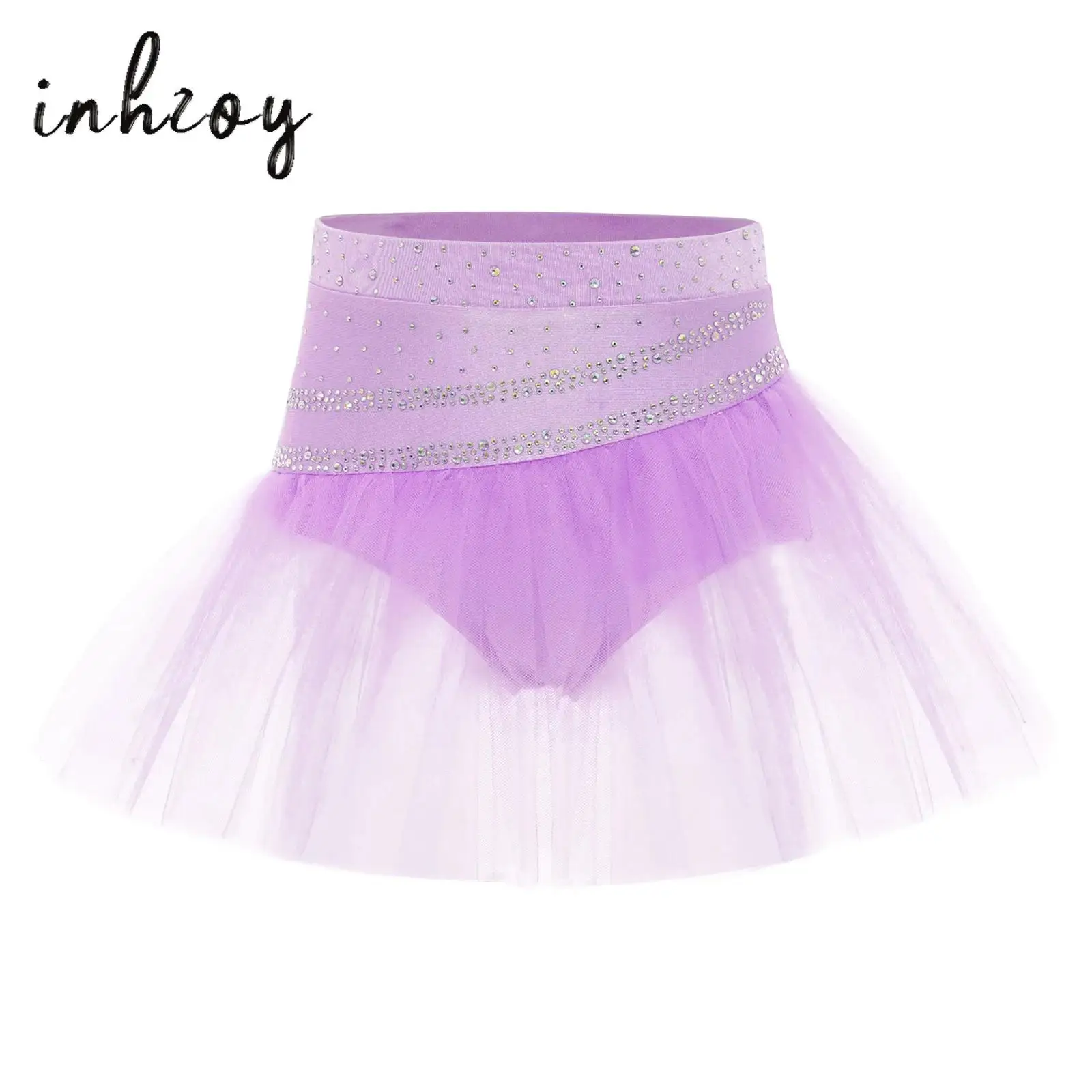 

Kids Girls Ballet Skirt Shiny Rhinestones Elastic Waistband 2 Layers Tulle Tutu Skirts Lyrical Dance Stage Performance Costume