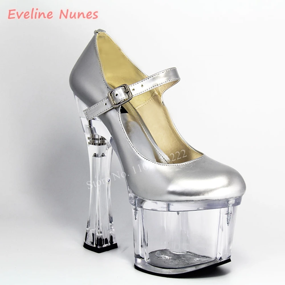 Transparent Chunky Heel Performance Pumps 2024 Women\'s Solid Platform Round Toe Ankle Strap Buckle Fashion European Sandals