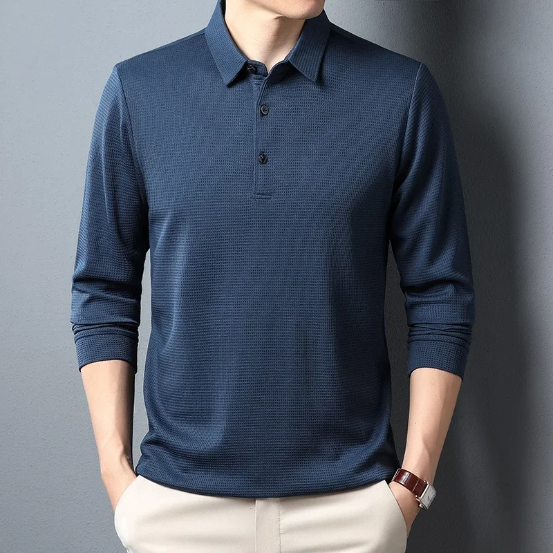 New Men's Business Fashion Casual Long Sleeved Shirt Solid Color Polo Shirt Fashionable Breathable Comfortable Versatile Top