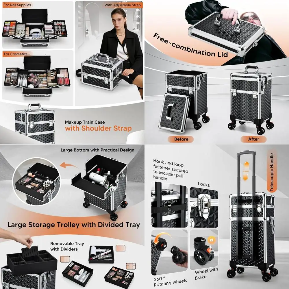 

Косметический чемодан-тележка 3-в-1 на колесах, большой, для косметологии, путешествий и учебы, подходит для визажистов, мастеров маникюра и парикмахеров