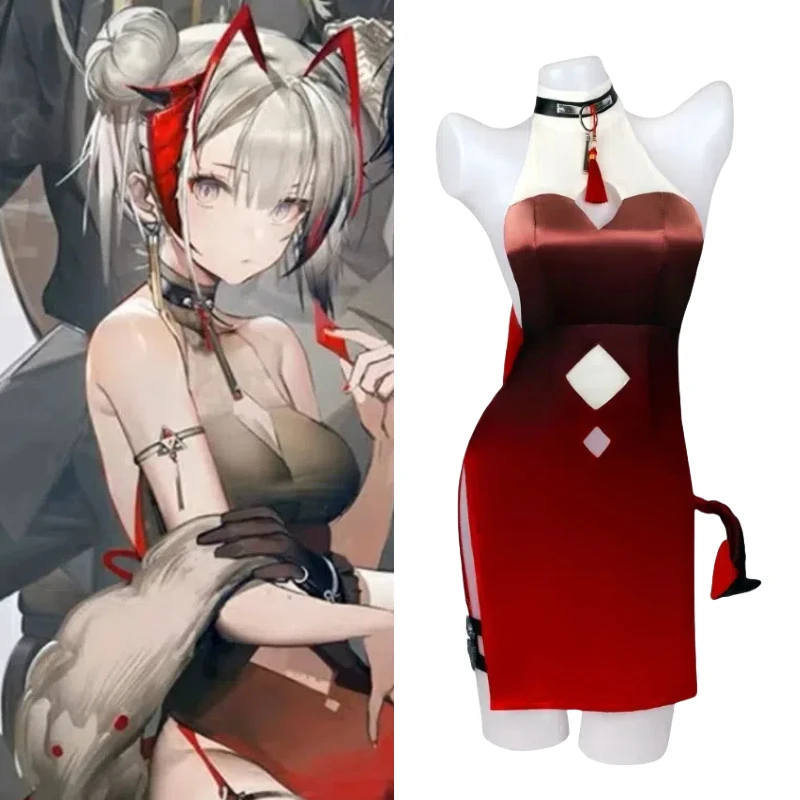 

Game Arknights Cosplay Wisadel Costume Celebration Night Cos Red Qipao Cheongsam Sexy Dress with Accessories for Women