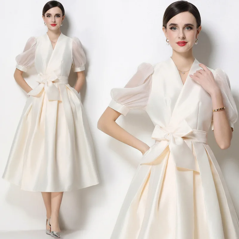 

Elegant Temperament Satin V-neck Bubble Sleeves Straps Waist Flower Dress Women's Party Evening Skirt