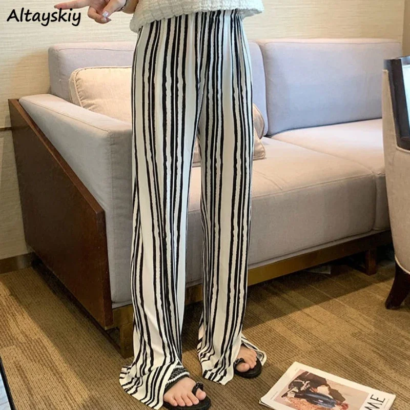 

Wide Leg Pants Women Black-white Striped Floor-length Slit Casual All-match Korean Fashion Popular Design Unique Stylish Spring