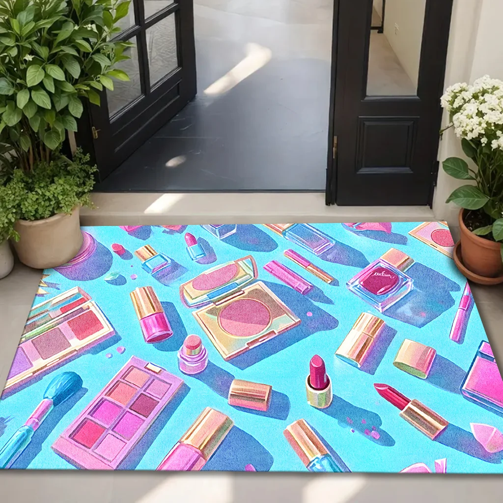 Colorful Makeup Pattern Door Mat, Pink Cosmetics Floor Rug, Girly Beauty Lover Welcome Carpet, Non-slip Bathroom Decor for Girls