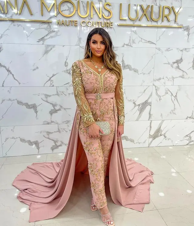 Blush Pink Luxury Evening Dress Jumpsuit with Overskirt Gold Lace Embroidery Long Sleeve Kaftan Caftan Outfit Prom Pant suit