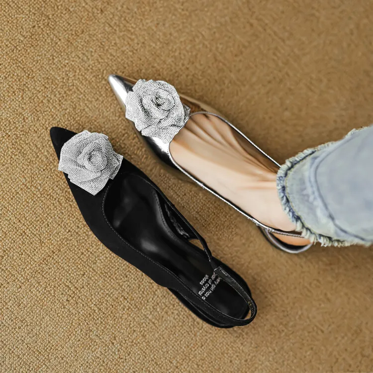 

Black Suede Women Slingback Flats Rhinestone Flowers Shallow Moccasins Silver Leather Lady Summer Sandals Pointed Toe Creepers