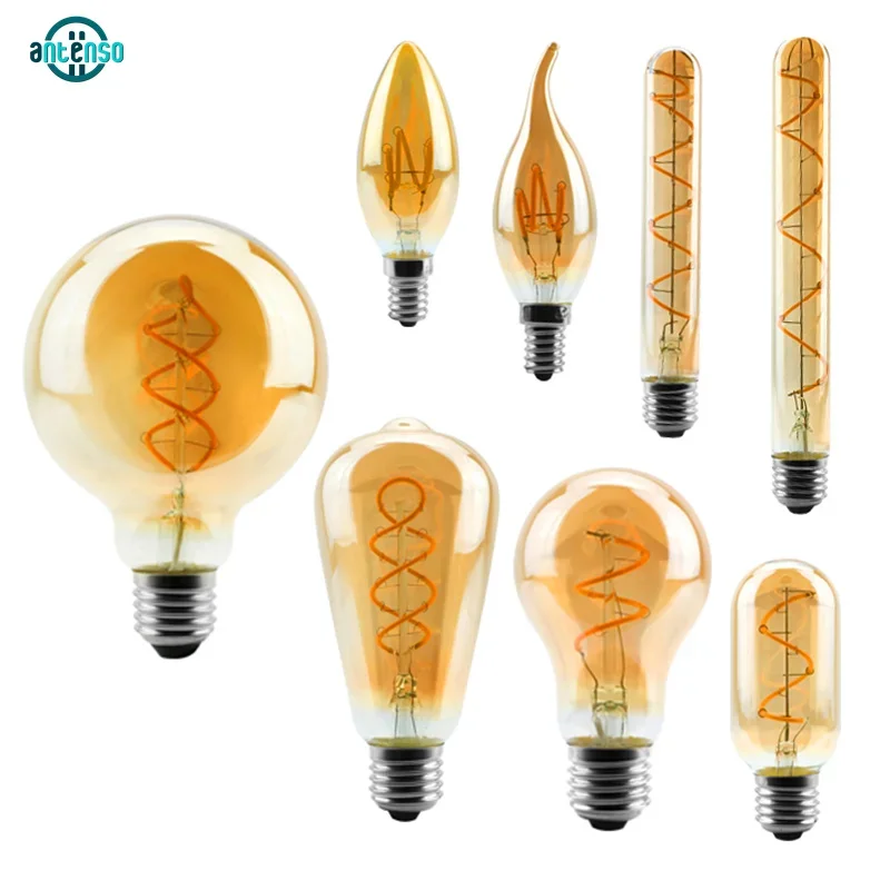 

Retro Edison LED Spiral Filament Bulb E27 E14 Lamp 220V 4W A60 C35 ST64 T225 G45 G80 G95 G125 Glass Bulb Vintage Candle Light