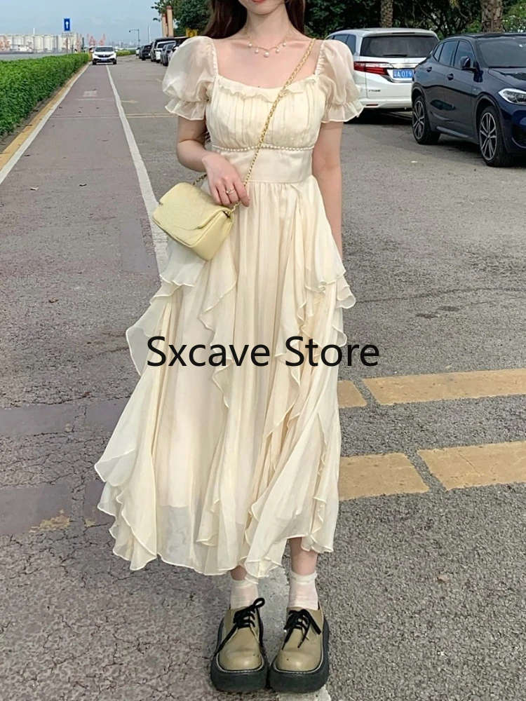 Französisch Fee Chiffon Midi Kleid Frauen Kurzarm Casual Boho Strand Sommerkleid Frauen Rosa Elegante Koreanische Kleid 2022 Sommer Chic