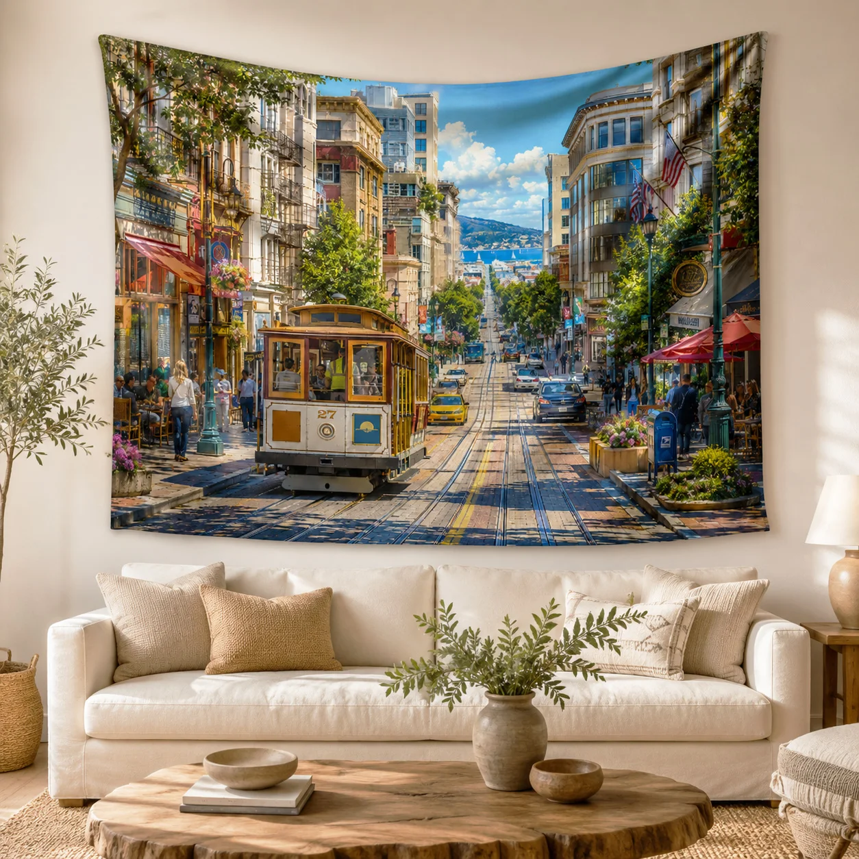 Yellow Cable Car Landscape Tapestry Wall Hanging Large City View Tapestries Aesthetic Room Decor for Living Room Bedroom