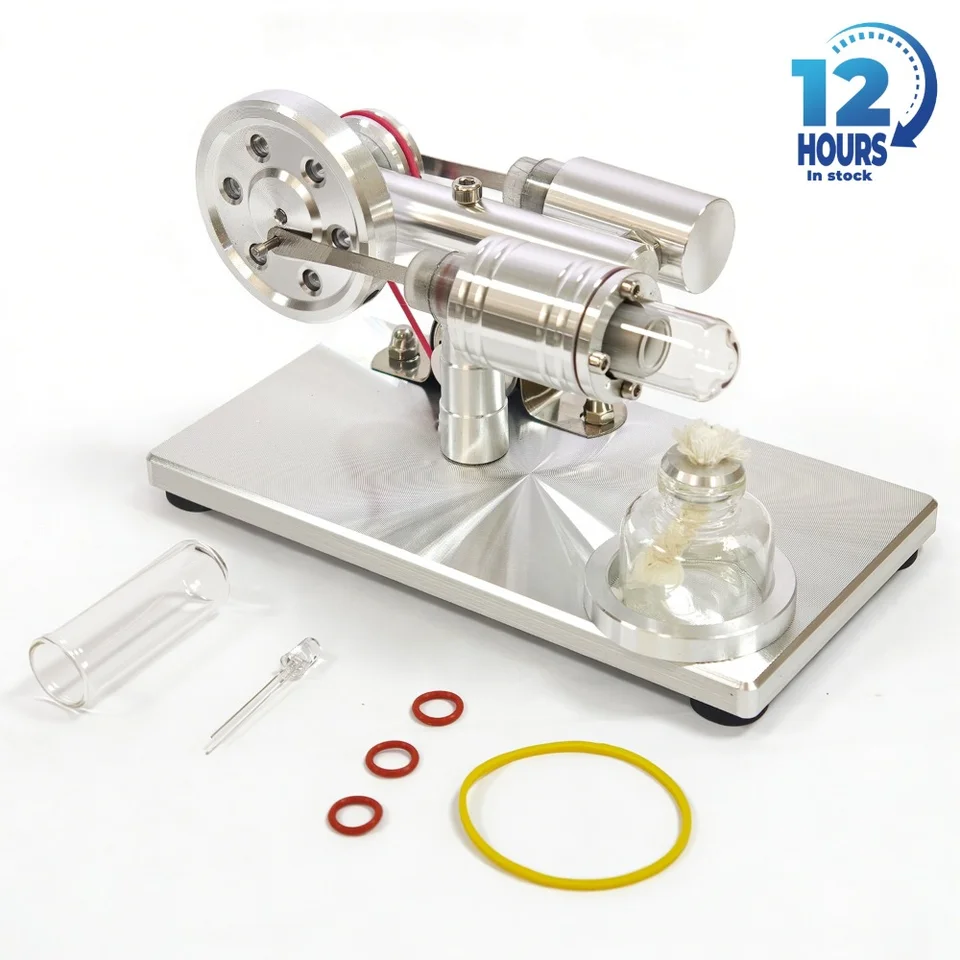 Moteur Stirling 4 Cylindres – Kit Avec LED – Alcool 95% – Modèle Déjà Assemblé – Cadeau éducatif Physique – En Acier Inoxydable
