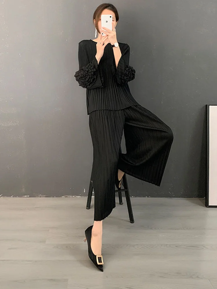 LANMREM Pleated Flower Beading Flare Sleeves Shirts Loose Wide Leg Pants Two Pieces Sets Women 2023 Autumn Fashion 2M296