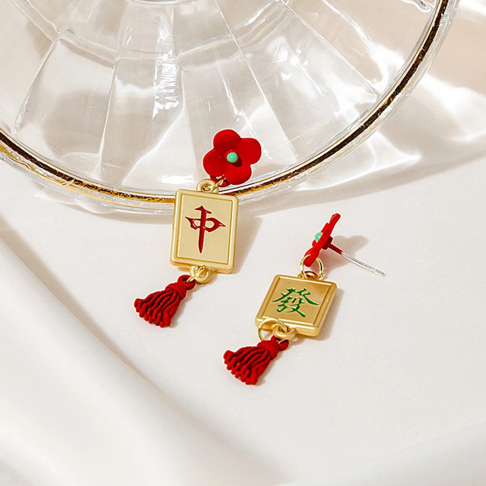 

Festive Red Earrings 1 Pair Lucky Mahjong Design Dangle for Women Girls Chinese Style Vintage Alloy Ear Decoration