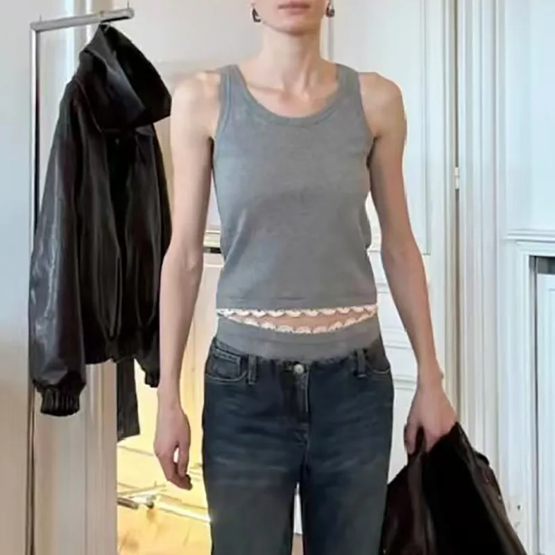 

Женская майка в рубчик с кружевной отделкой, футболка без рукавов с круглым вырезом, топ премиум-класса для пригородных поездок, 2025, новое поступление, Y2K