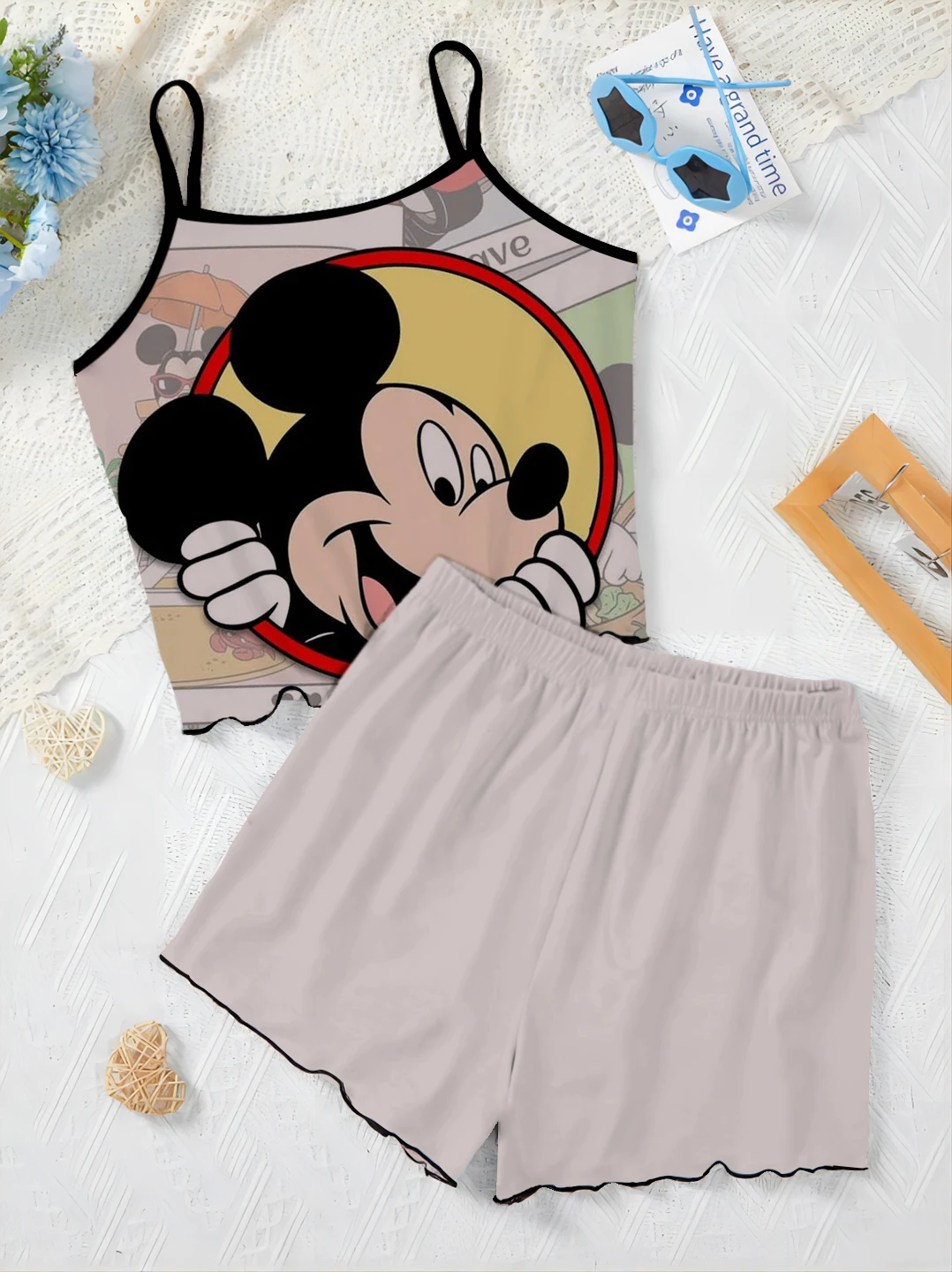 Kurze Sets für Frauen 2 Stück Mickey Disney Salat Trim T-Shirt Slip Kleid Damen anzug Minnie Maus Pyjama Rock elegant nach Hause