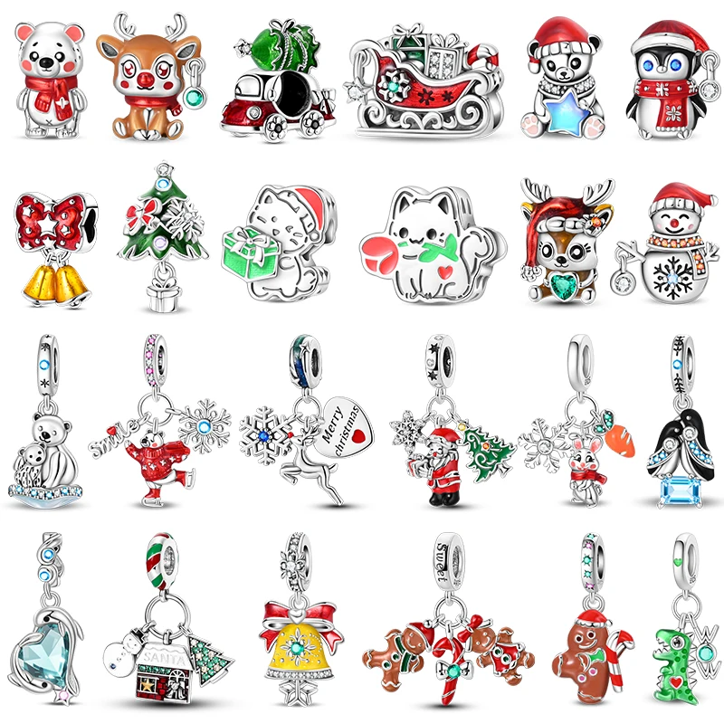 Christmas Charms Beads 925 Sterling Silver Christmas Tree Snowman Elk Charm Fit Original Bracelet Pendents Women Party Jewelry
