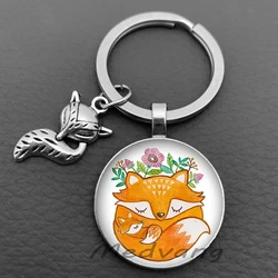 New Arrival Cute cartoon fox glass Cabochon keychain smart little fox keyring accessory animal pendant key chain gift