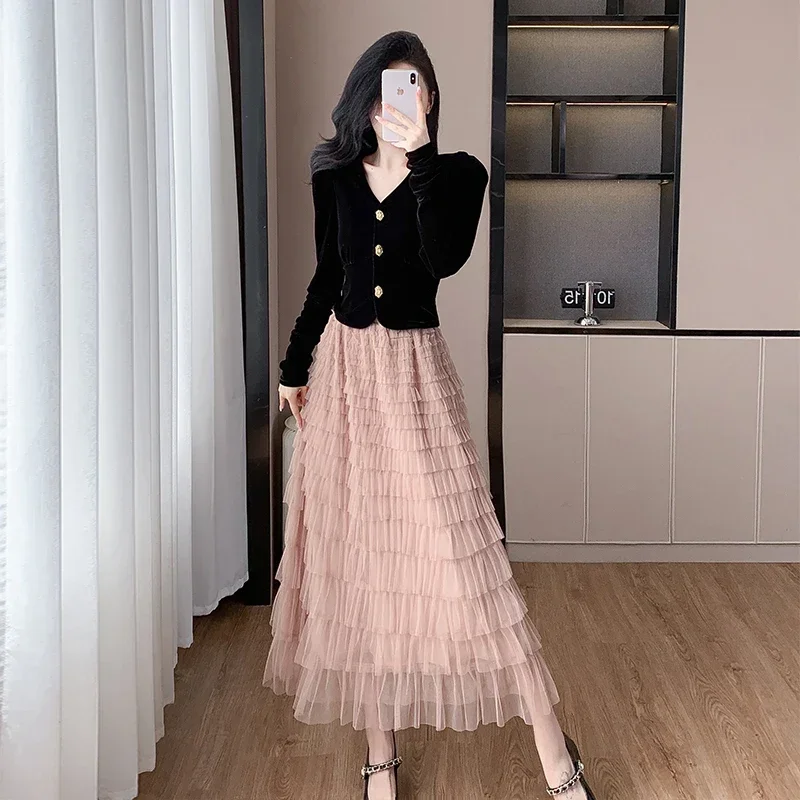 

French Style Elegant Two Piece Set For Women's Black V-neck Velvet Top+Chic Mesh Skirt Sets Fashion Korean Style Autumn Outfits