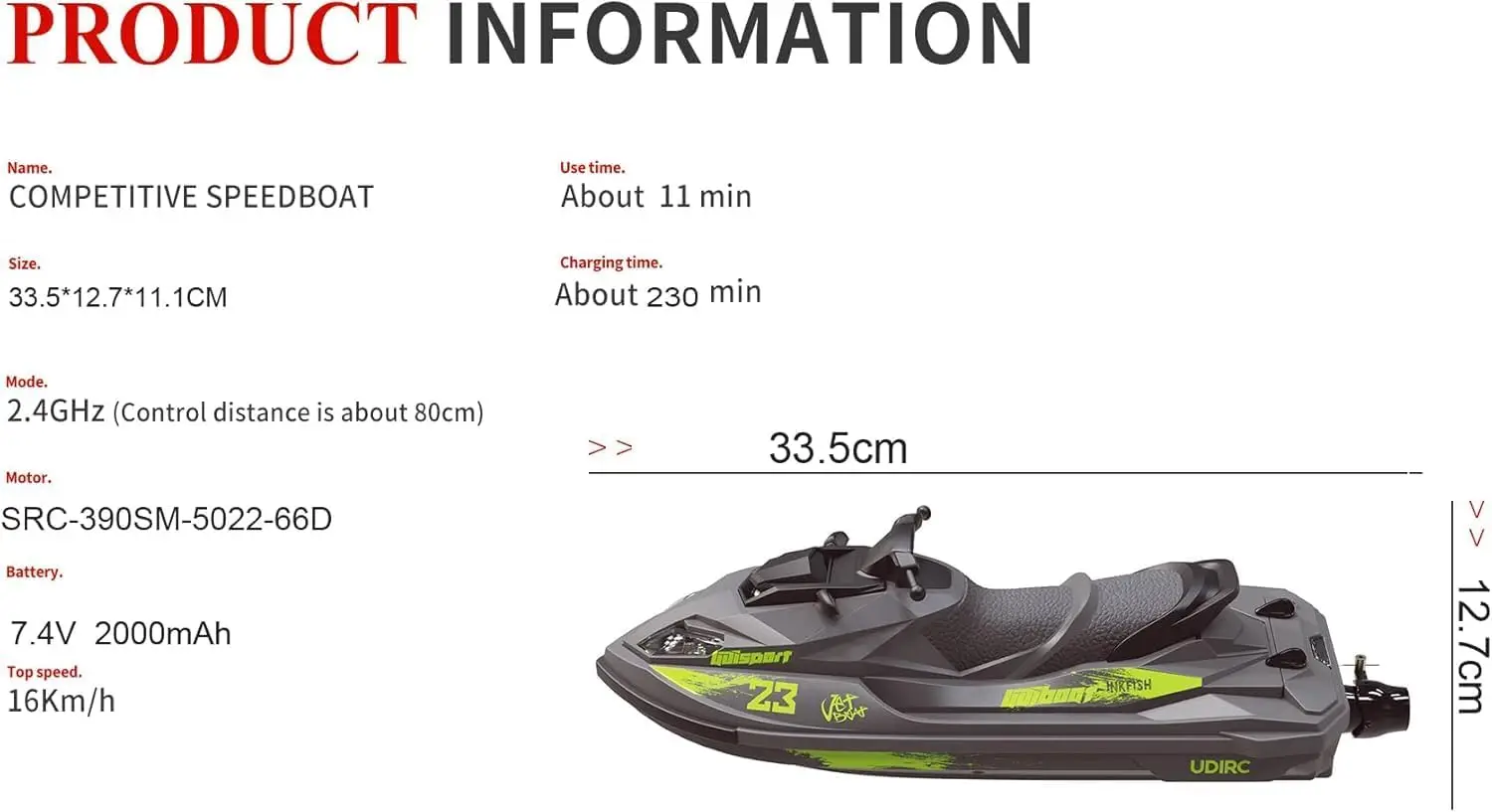 33CM RC Jet Kayak with a Speed of 20 kilometers per Hour, Equipped with 7.4V 2000mAh 14+Front and Rear Lights, Suitable for Lake