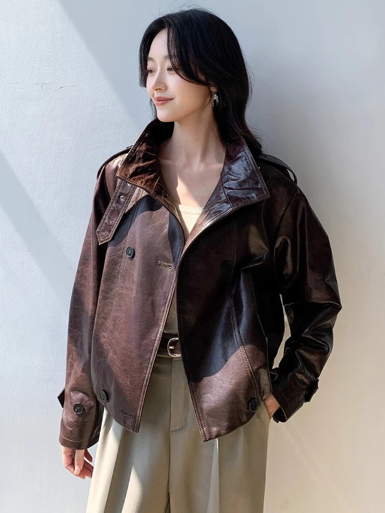 Vintage Short Genuine Leather Motorcycle Jacket Women Spring Autumn High-end Simple Stand Collar Soft Oil Wax Real Goatskin Coat