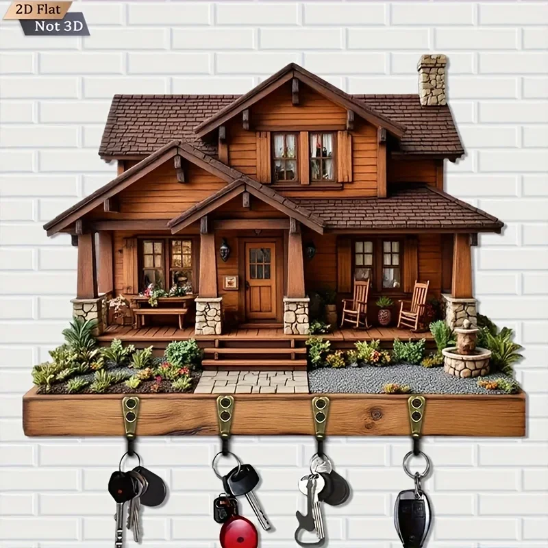 2D Flat Retro Wooden House Style Key Hook, 1pc Pack. Multi-functional Wooden, Key Organizer, Farmhouse Style Decor, Country