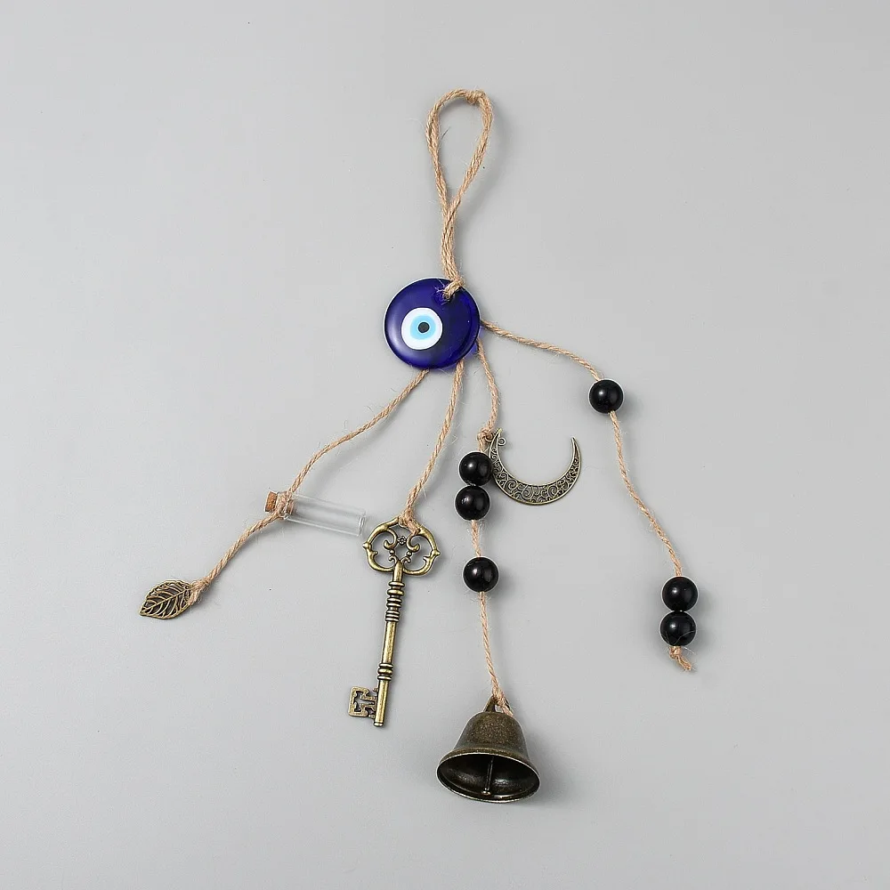 1Pc Wind Chime 315mm Bronze Iron Bell Key Moon Charms Unique Stylish Hanging Ornament with Hemp Cord for Indoor Home Garden