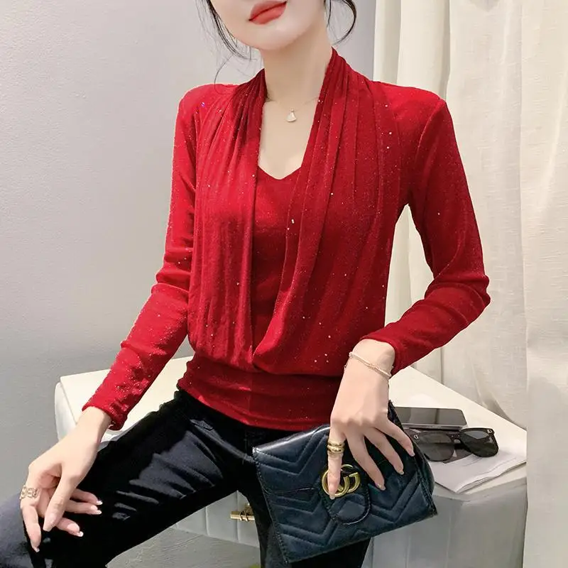 Women\'s Fashionable Sexy Solid Color Bright Silk Mesh T-shirt Spring Autumn Fashion Slim V-Neck Patchwork Tops Female Clothing