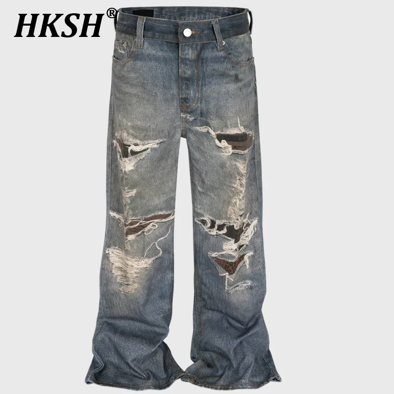 

HKSH Spring Autumn New Men Tide High Street Y2K Elegant Fashion Wide-Leg Denim Pants Distressed Printed Washed Chic Jeans HK5615