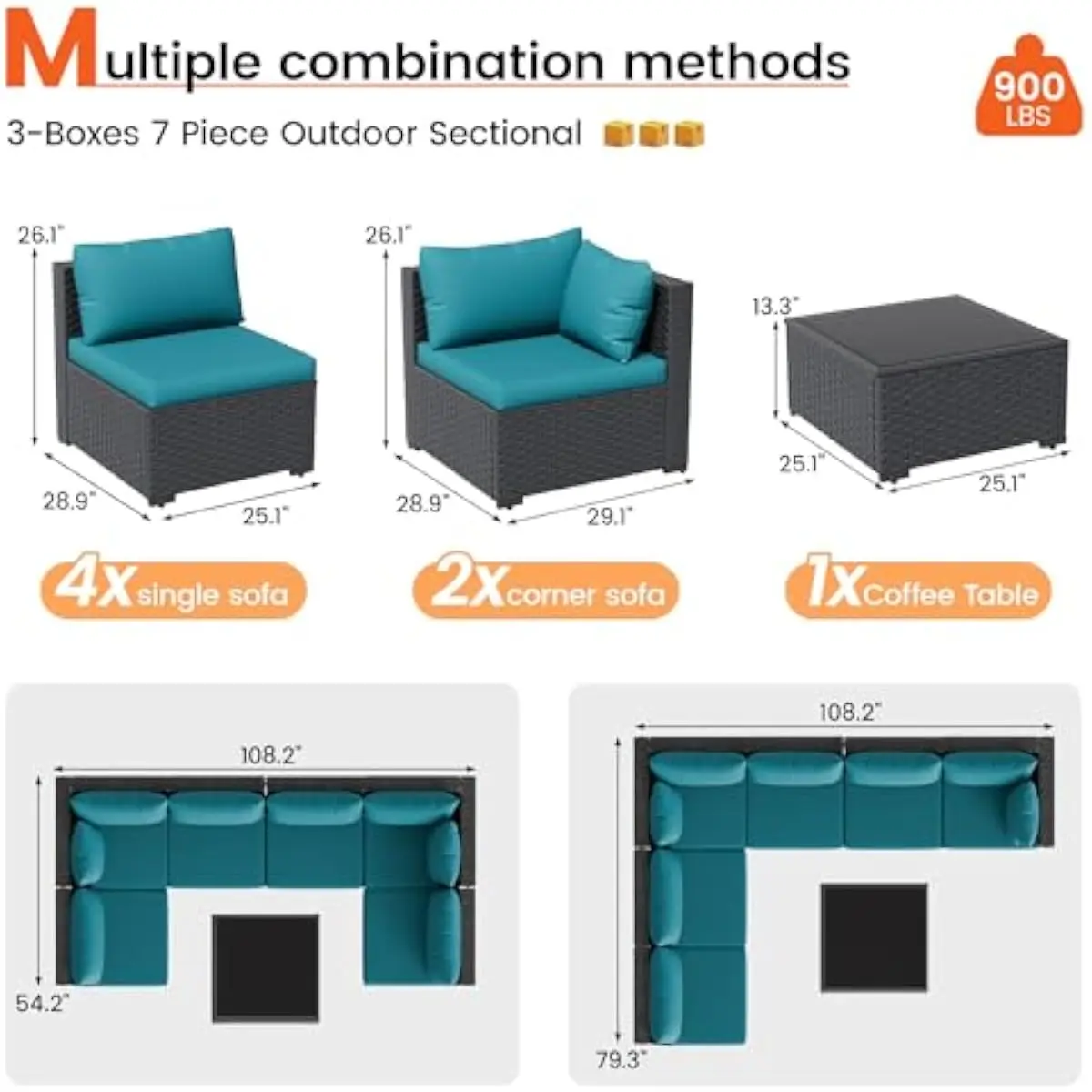 Outdoor sectional seating ensemble with modular design ideal for terrace or garden spaces includes left and right chaise units c