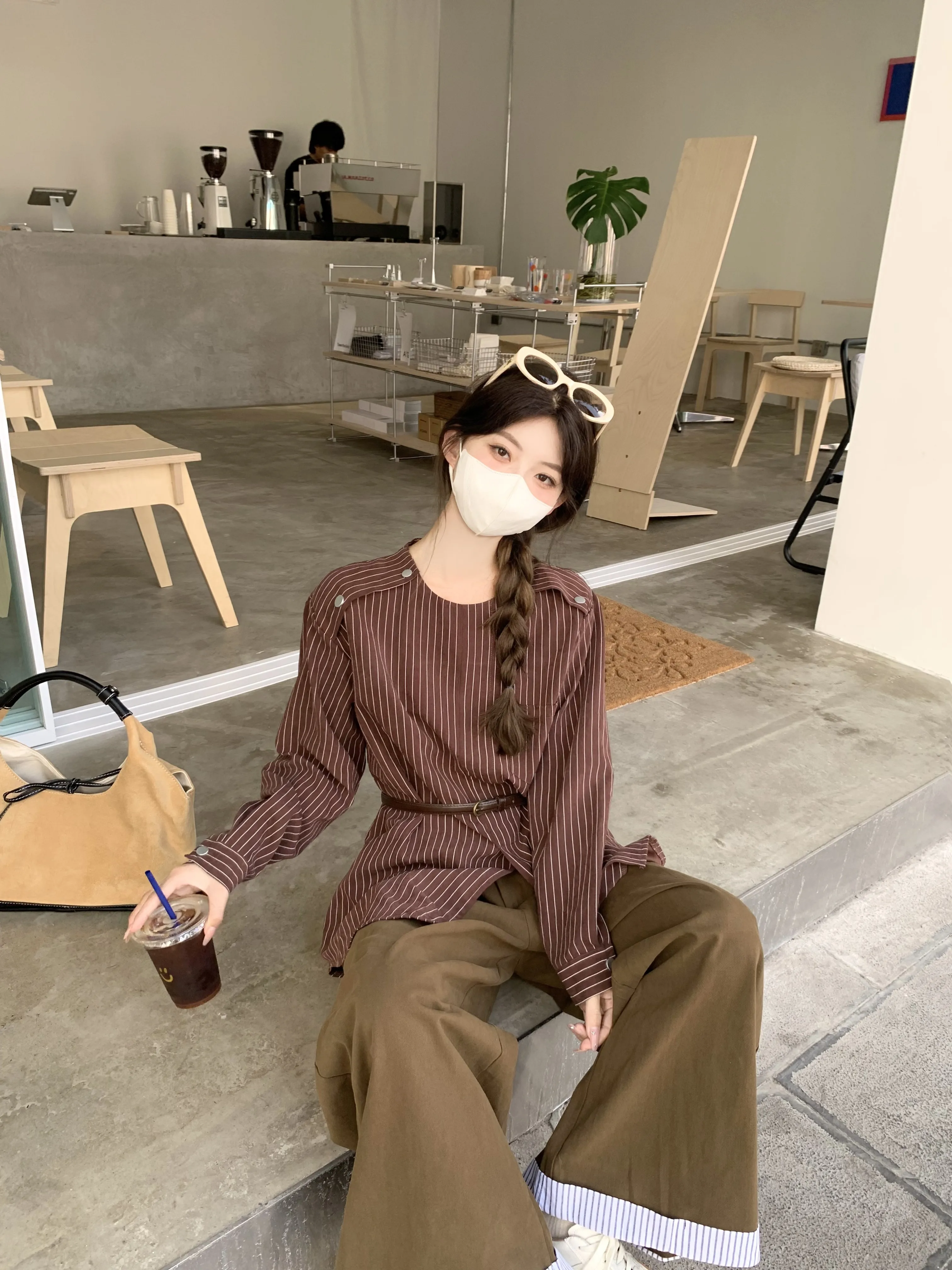

Long Sleeve Shirts Womens Cotton Striped Slim Fit Boho Feminine Romantic Youthful Vacation Holiday Spring Wear Breathable Light