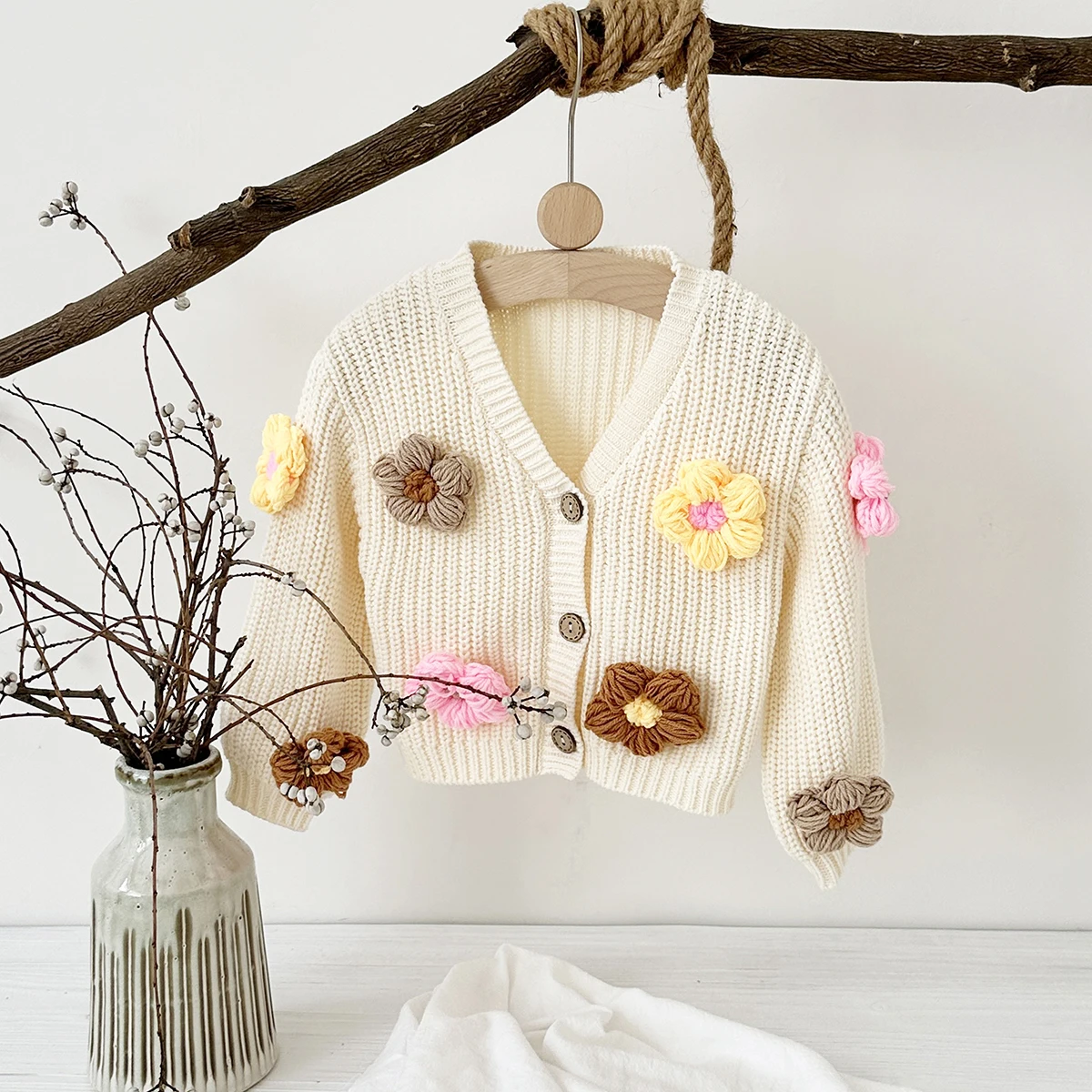 0-3Y Baby Sweaters Handmade Sweater Cardigan 3D Flower Baby Top Loose Coat Cotton Fall Winter Newborn Baby Girls Clothes