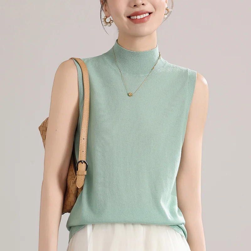 

Germany spun Yangtze yarn women's 100% pure wool sleeveless sweater casual solid knitted pullover Tees loose Mock neck Jumper