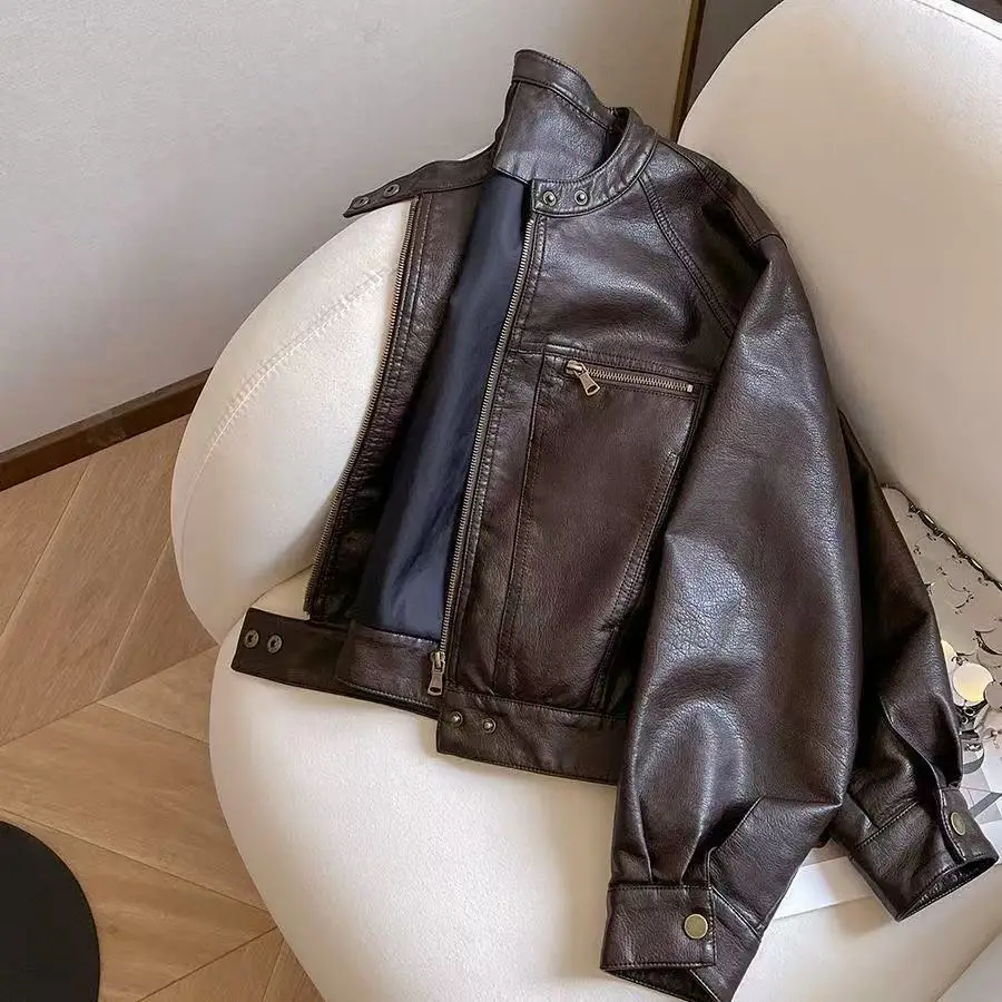 レディースPUレザージャケット 春秋新作 レトロ ライダースジャケット ゆったり ショート丈 ファッション ラウンドネック ジッパー 無地 レザーコート