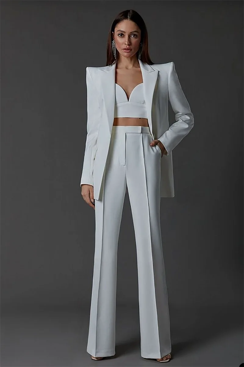 White Women Suits Set 3 Pcs Blazer+Top Bra+Pants Wedding Bride Dress Formal Pantsuit Business Office Lady Prom Jacket Customized