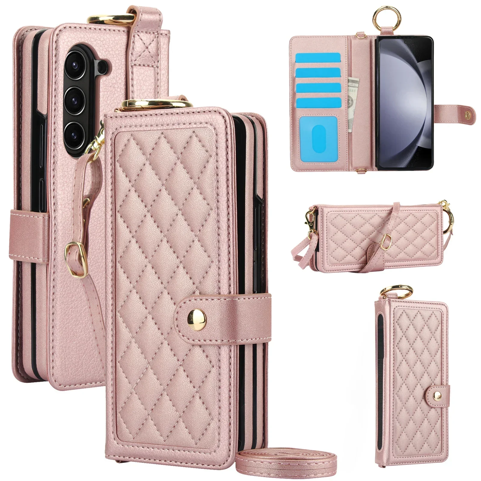 

For Samsung Galaxy Z Fold 7 6 5 4 3 Case Leather Crossbody Zipper Wallet with Card Holder Wrist Strap Preserve Cover Fold7