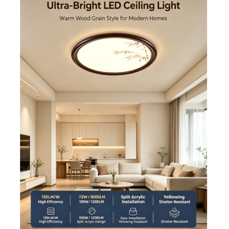 Round Led Ceiling Lamp With Ink Bamboo Pattern And Walnut Wood Frame For Living Room Bedroom Use