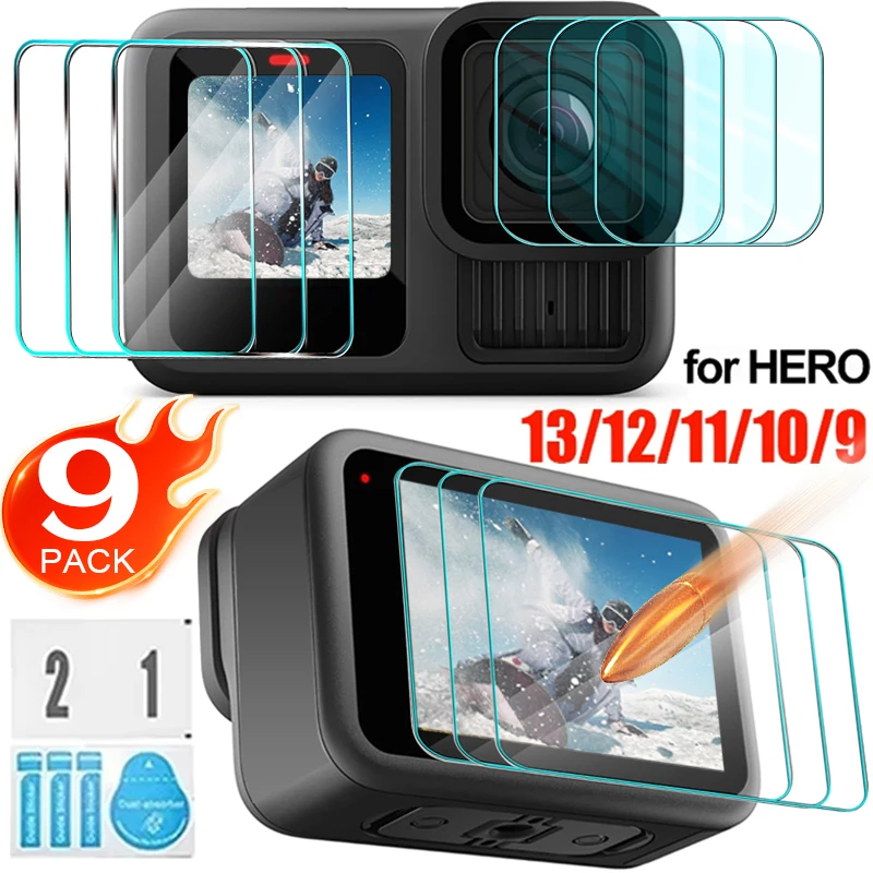 9/3Pcs HD Tempered Glass Screen Protector for GoPro Hero 13 12 11 10 9 Black Camera Lens Protective Film Front Back Screen Glass