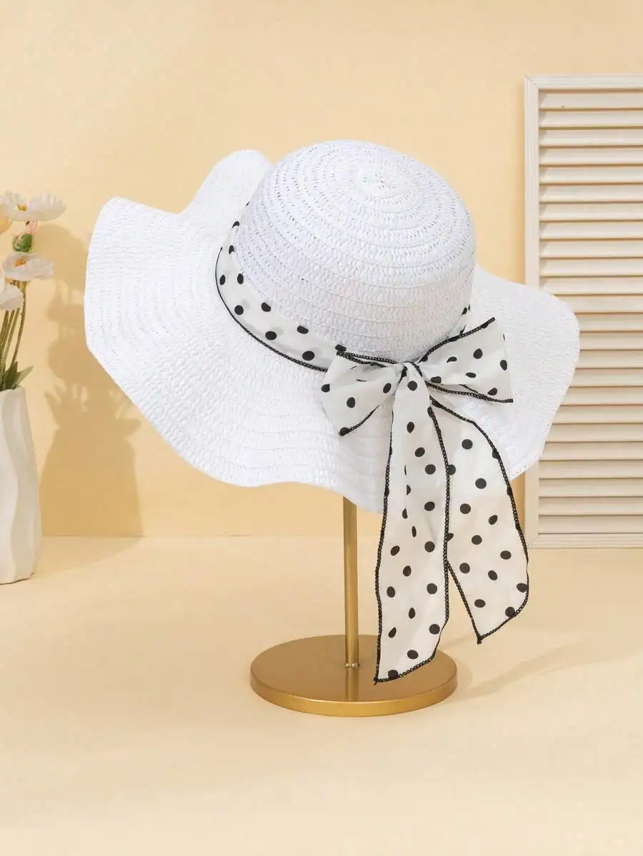

Women Summer White Straw Sun Hat With Polka Dot Bow Beach Travel UV Protection