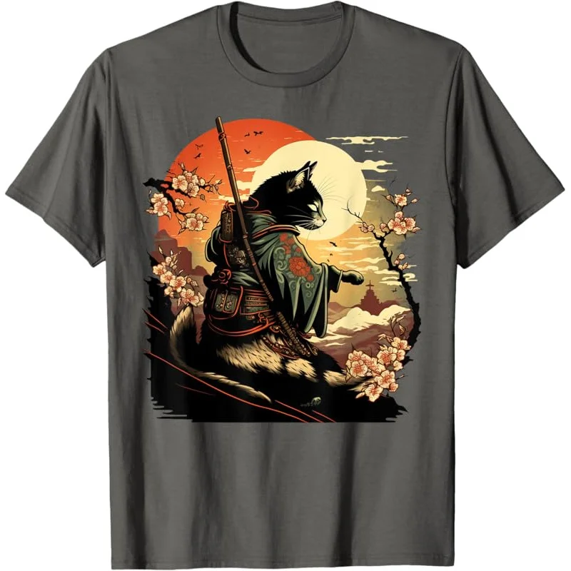 Japanese art cat Ninja ukiyo-e anime style samurai T-shirt